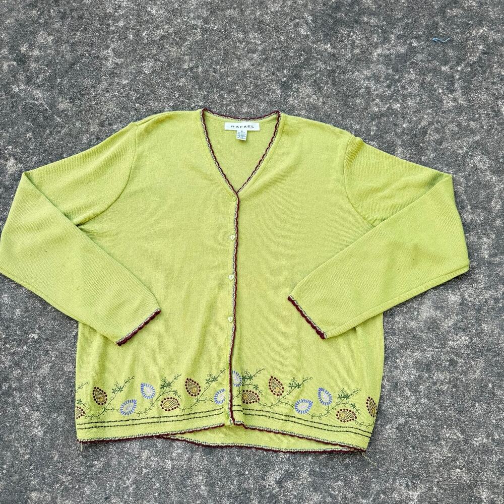 Rafael Cardigan Sweater Floral Embroidered‎ 90s Vintage Women Size XL Lime Green